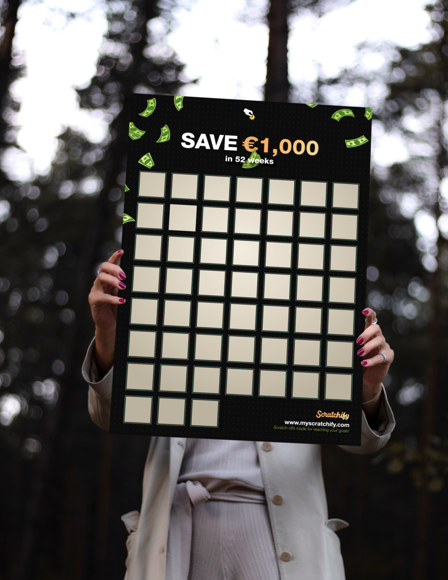 Scratch Off Poster for saving money, if you ever wonder - How to Save money then this is your solution! Easiest way to save money, with our scratch off poster you will save 1000 in 1 year. This is a fun and realistic way to save money, scratch off poster is best solution for saving money!